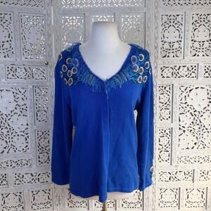 Storybook Knits Blue Grannycore Peacock Cardigan Sz Medium Fringe Retro Boho